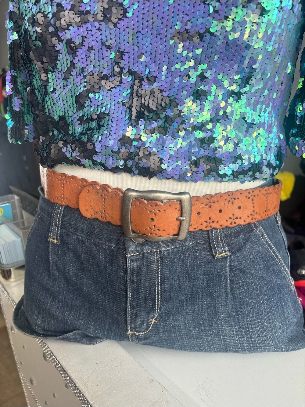 Vintage Fossil Tan Laser-Cut Leather Belt with Metal Buckle